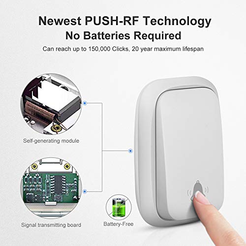 No Battery Required Doorbell,CFGROW Self-Powered Generation Waterproof Wireless Door Bell Chime Kit For Home, Office, Shops,Dog Bell,Operating At 1000 Feet,38 Chimes, 4 Volume Levels & Led Indicator
