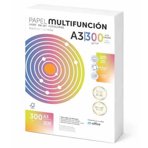 m-office Folios A3 300gr 200 hojas, Papel Multiusos Impresora, Papel A4 para Impresoras Laser y de Inyeccion, Fotocopiadora, Fax, Para uso Oficina, Material Escolar, Paquete Folios (200 hojas, 3000gr)