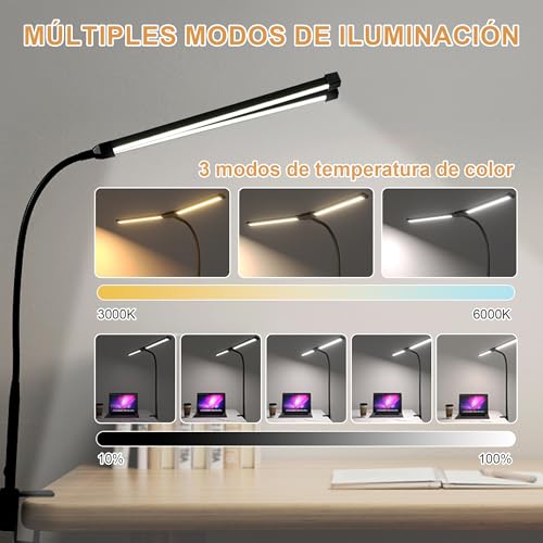 Lámpara Doble de Escritorio LED, Lampara de Escritorio con 3 Modos de Color y 10 Ajustes de Brillo, Lampara de Mesa de Brazo Flexible Ajustable 360° para Leer, Hogar y Oficina (Negro, 50 centímetros)