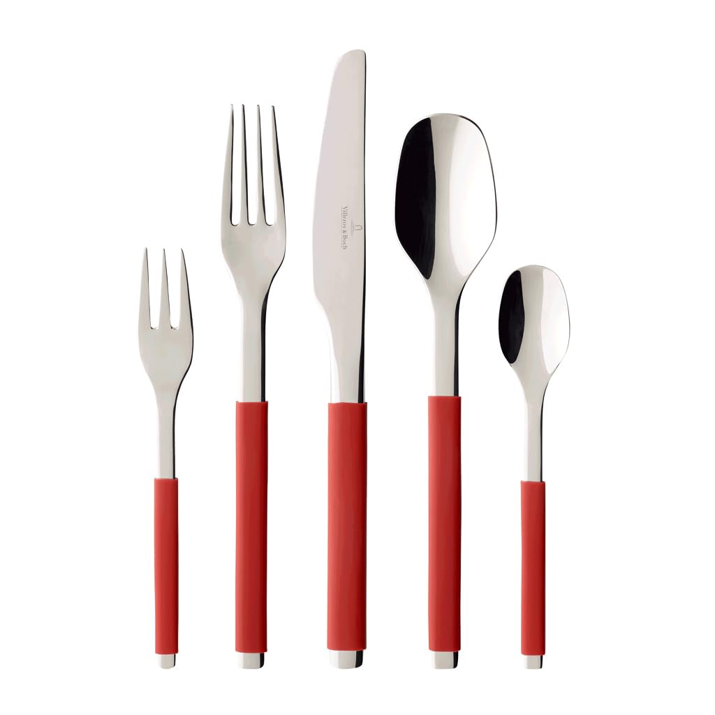 Villeroy & Boch S+ Cranberry Cutlery for up to 6 People, 30 Pieces, Stainless Steel, Handle Coated With Red Silicone