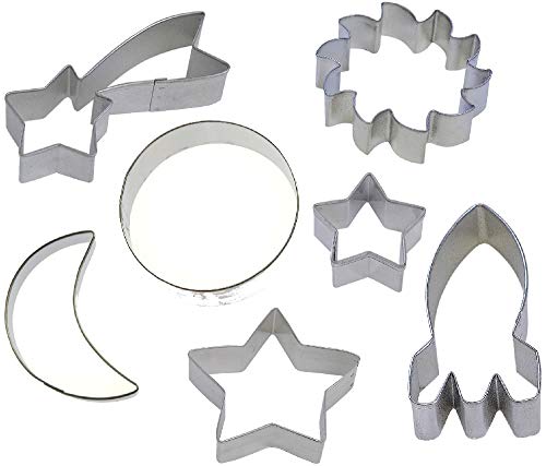 Galaxy Solar System Astronomy Cookie Cutter 7 Piece Set from The Cookie Cutter Shop - Planet, Half Moon, Star, Sun Burst, Space Ship Rocket Cookie Cutters – Tin Plated Steel Cookie Cutters