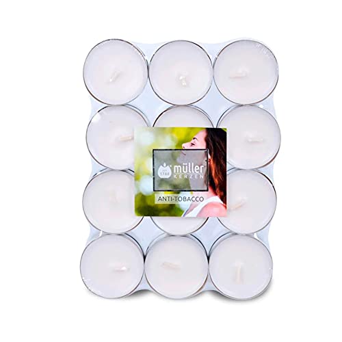 Müller Scented Tealight Candles - Scent: Anti-Tobacco - Pack of 24 Colored Tea Lights - 4 Hours Long Burning Small Candles - White Dripless Wax - 39 × 15 mm - Made in Germany - RAL Quality — image 1