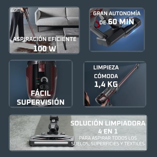 X-Pert 6.80, Aspiradora Escoba Sin Cable, Autonomía de 60 min, Limpieza 4 en 1, Ligera Solo 1,4 kg, Accesorios para Mascotas, Contenedor de Polvo extraíble y Lavable, Burdeos, RH6483E0