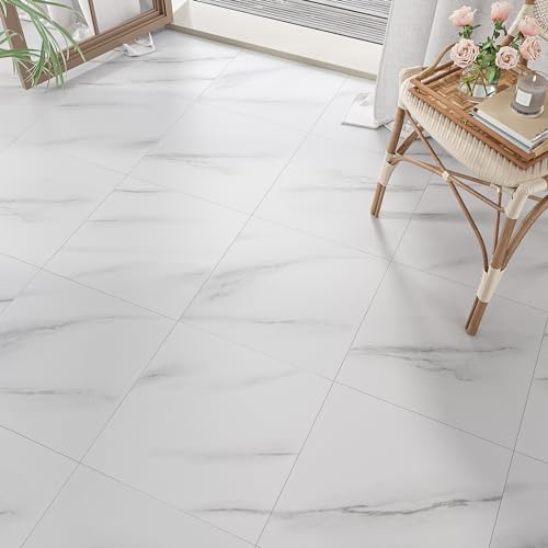 VEELIKE Waterproof Self-Adhesive Vinyl Floor Tiles Modern White Marble Effect Easy Install Peel and Stick Floor Tiles Durable PVC Flooring for Kitchen Bedroom Living Room Commercial 11.8"x11.8" 24 Pcs