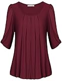 Messic Womens Round Neck Pleated Front Half Sleeve Tunic Top Wine,XL