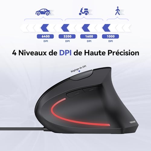 TECKNET Wired Ergonomic Mouse, 6400 DPI Wired Vertical Mouse, USB Cable 1.5 m, 6 Buttons for PC, Computer, Laptop, Mac – Black