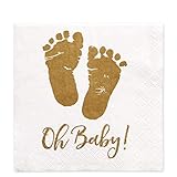 100 Baby Shower Napkins Oh Baby Beverage Napkins 3-Ply Gold Feet White Paper Cocktail Napkins for Boy and Girl Baby Shower by Gift Boutique