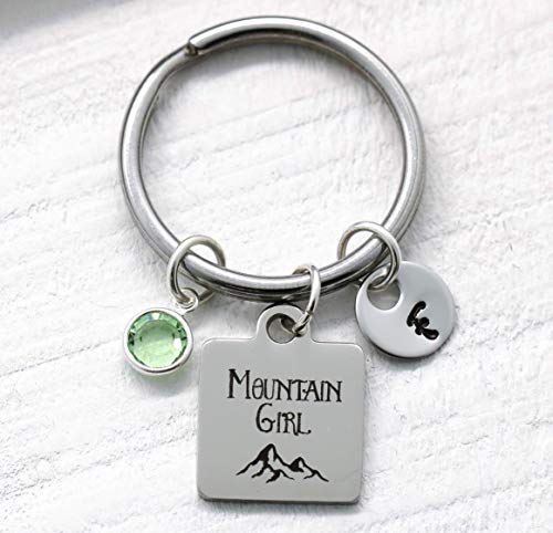 Mountain Girl Keychain for Women - Adventure Girl Gift for Hiking Lovers - Personalized Birthstone & Initial