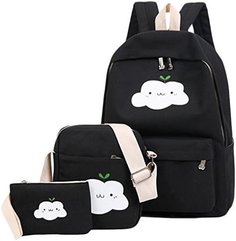 Teen Girls Preppy Style Schoolbag Solid Color Cute Cloud Printing Backpack size One Size (Black)