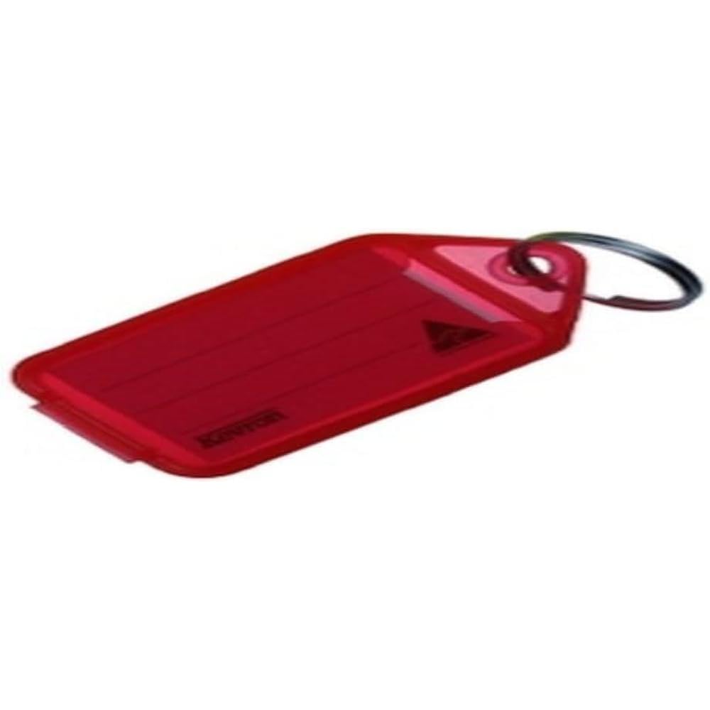 Kevron 56x30mm Red Key Tags with Labels Pack of 100 in Display Box for Identification, Security, Luggage, Pet Names, Memory Sticks, Home & Office