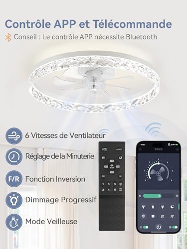 ZMISHIBO Ceiling Fan, Ø50.8 cm, Led 3000K-6500K Dimmable 10%-100%, Ceiling Fan with Light, 6 Speed, Quiet, Timer, App & Remote Control, Modern