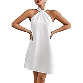Women's Pearl Beaded Halter Twist Sleeveless Tie Back Dress Cocktail Mini Dress