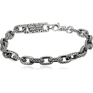 King Baby .925 Sterling Silver Rugged Unisex Oval Cable Link Bracelet with Crosshatch Texture – Choice of Length