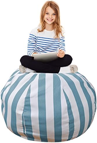 Stuffed Animal Storage Bean Bag –Extra Large Organization Sack Chair- Premium Quality Cotton Canvas- Easy Solution for Extra Toys / Blankets / Covers / Towels / Clothes -38 inches, Navy Blue Striped