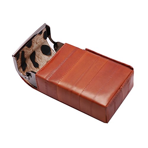 Automatic Rising Genuine Eel Skin Leather Sliding Cigarette Case with Lighter Holder (Tan)