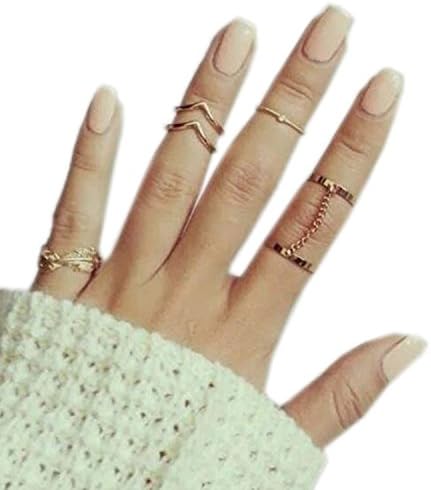 CYimejo Fashion 6pcs Stack Rings Leaf V Rhinestone Joint Rings Knuckle Nail Ring Set … as pictureGold