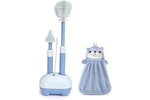 Baby Bottle Brush, VOOWO Telescopic Silicone Bottle Brush for Cleaning with Long Handle, Water Bottle Cleaner Brush with Nipple & Straw Cleaner, Included Towel (Blue Telescopic Brush & Stand)
