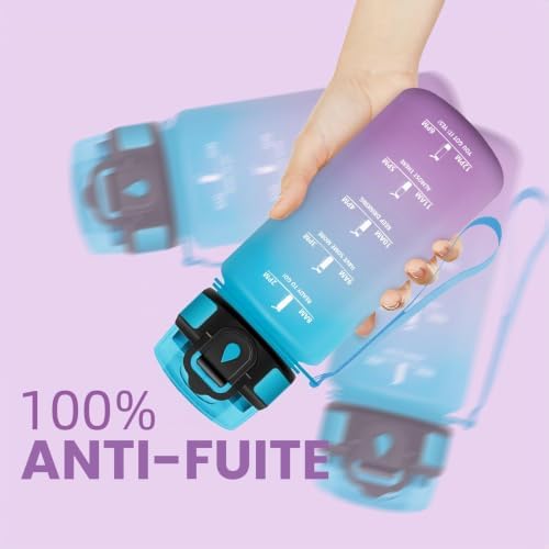 Gourde Enfant, 500 ml Anti-Fuite, Gourde Paille, avec Marqueur de Temps, Bouteille d'eau, Poignée de Transport, Bouteille avec Paille, pour L’école, Sport, Yoga, Bleu Violet