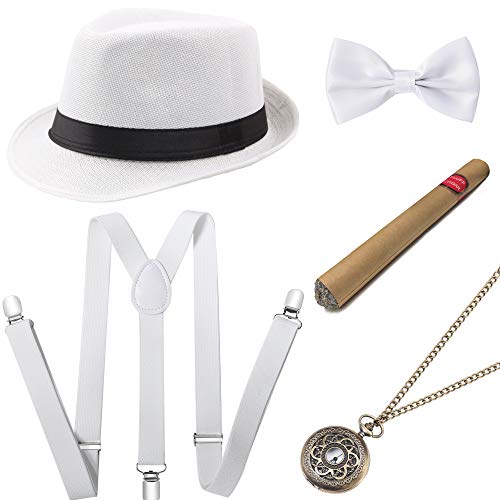 BABEYOND 1920s Mens Gatsby Costume Accessories Set 30s Panama Hat Elastic Y-Back Suspender Pre Tied Bow Tie Pocket Watch and Plastic Cigar (White Set