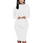 Women's Peplum Bodycon Long Sleeve Wear to Work Dresses Bow Party Club Ruffle Formal Cocktail Pencil Dress