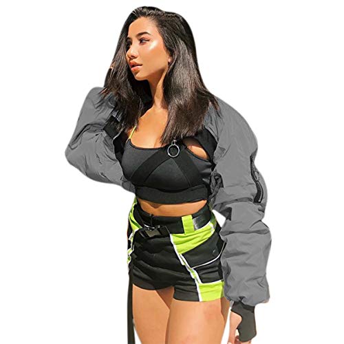 Women Sexy Long Sleeve Zipper Bomber Jacket Gray Reflective Crop Top Coat Short Coat Festival Party Rave Outfit - Thumbnail 2