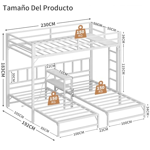 Simple Wisdom Literas de 3 Camas,Literas Individuales Tiene Tres Base Cama Individual,Litera Triple con Mesa,Equipado con Barandillas y Escaleras,La Base Metal es Resistente y Estable (Blanco)