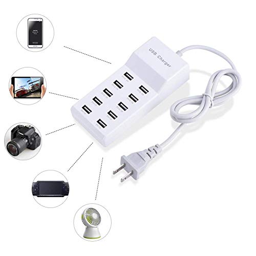 USB Rapid Charger10-Port Family-Sized USB Wall Charger with Rapid Charging Auto Detect Technology Safety Guaranteed Smart USB Ports for Multiple Devices Smart Phone Tablet Laptop Computer