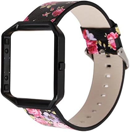 MengJieShi New Arrival Women PU Leather Fashion Floral Printed Replacement Band Wristband Bracelet Strap for Fitbit Blaze Smart Fitness Watch Large 6.4"-8.4" (Black&Pink Flower with Black Frame)