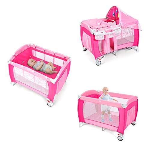 HONEY JOY Pack and Play with 4in1 Portable Baby Playard with Changing Table, Net