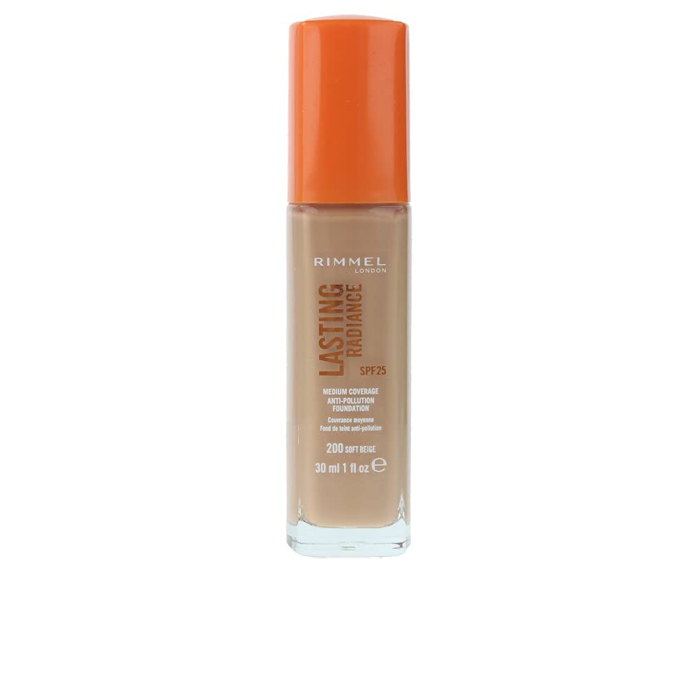 Rimmel Lasting Radiance Medium Coverage Anti Pollution Foundation, SPF 25, 200 Soft Beige (Wake Me Up Foundation Improved Formula), 30 ml (Pack of 1)