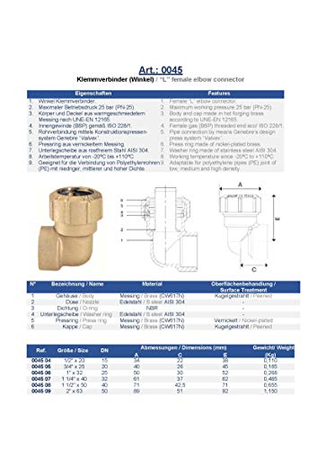 1 1/4" x PE 40 Winkel 90° für PE Rohr I Messing I PE Rohr Verschraubung I Klemmverbinder I Steckverbinder I Steckwinkel I BSP I 1x Klemmverbinder 1x Innengewinde I F – Bild 3