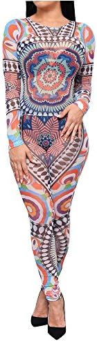 Women Sexy Bandage Bodycon Jumpsuit Retro Tribal Print Bodysuit