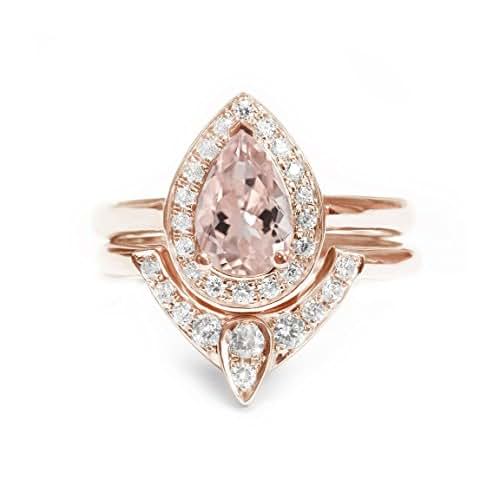 Amazon.com: Pear Morganite Engagement Ring with Matching Side Diamond Band  The 3rd Eye 