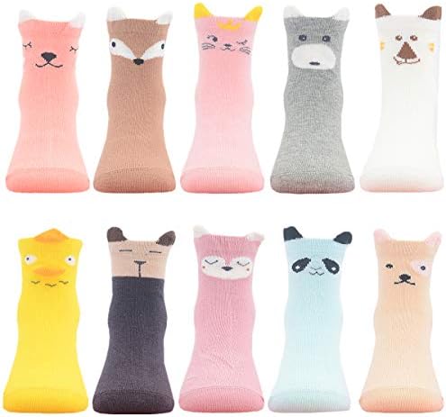 Baby Toddler Non Skid Cute Animal Cotton Socks with Grips for Girls and Boys 10 Pairs
