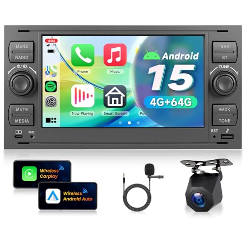 VECHTEL 4G+64G Car Radio Android 15 for Ford Focus Fiesta C/S-Max Transit Galaxy Mondeo Connect, 7'' Touch Screen with CarPlay Android Auto Wireless GPS Wi-FI USB Type-C Bluetooth FM RDS Camera