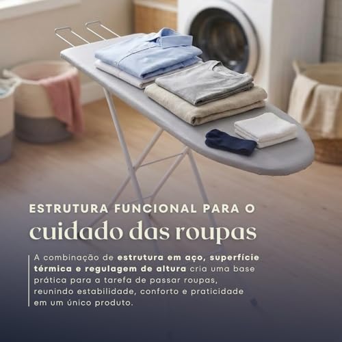 Tabua de Passar Roupa Dobrável com Suporte para Ferro | Estrutura em Aço Reforçado | Tecido Térmico Metalizado | 3 Regulagens de Altura | Mesa de Passar Roupa Portátil Resistente Premium