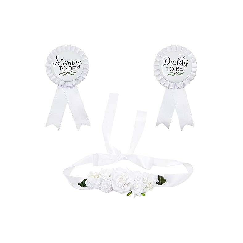 White Baby Shower Sash and Ribbons for Mommy and Daddy to Be (3 Pieces)