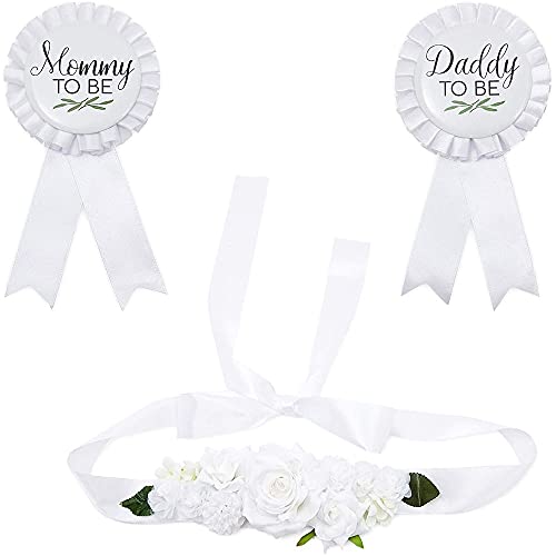 White Baby Shower Sash and Ribbons for Mommy and Daddy to Be (3 Pieces)