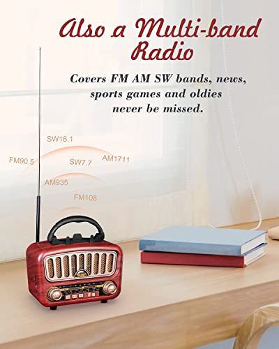 PRUNUS J-180 Portable Radio Vintage FM/AM(MW)/SW, Portable Bluetooth Radio, with Mobile Phone Holder, 1800 mAh Rechargeable Battery, Supports TF Card/AUX/USB