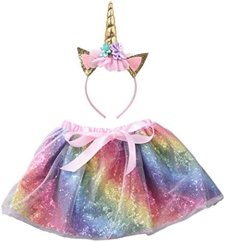 Girls Sequin Layered Tulle Rainbow Ballet Tutu Skirt with Unicorn Headband for Kids