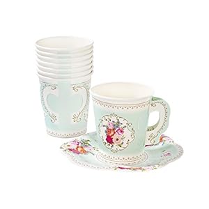 Talking Tables Truly Scrumptious Vintage Floral Disposable Tea Cups with Handles and Saucers for a Tea Party or Birthday (12 Pack)