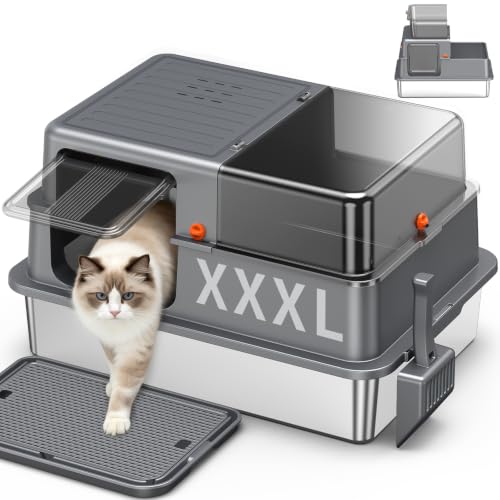 Stainless Steel Litter Tray XXXL – Large Open Cat Litter Tray, Dark Grey | Leak-proof high edges, semi-transparent panels, removable deep bowl, non-stick surface, easy to clean