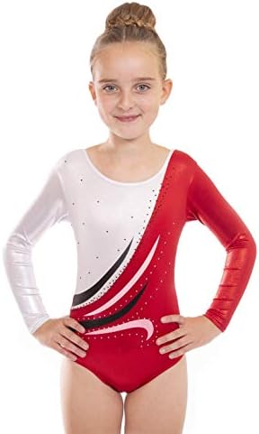Direct Dancer Deluxe 'Eve' Metallic Ruby Red and White with Wave encrusted Diamante detail Sleeved Gymnastic Leotard