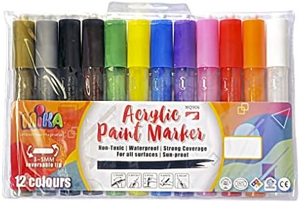 Acrylic Paint Markers by Mika Set of 12 Colors Non-Toxic Safe Easy To Clean Drawing Pens for Rock painting,Ceramic,Canvas,Glass and other surfaces, 3 different Tip sizes Feature