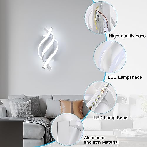 Dorlink Modern LED Wall Light 22W White Spiral Aluminum Modern LED Wall Lamp, 6500K Cool Light Indoor Wall Lighting Fixtures for Bedside, Hallway, Stair, Living Room, Bedroom
