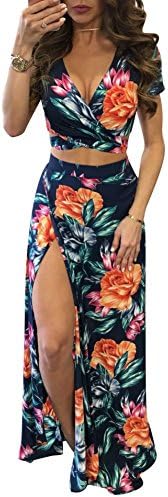 Women V Neck Tropical Print Clubwear Bandage Crop Top Split Maxi Skirts 2 Piece Set Outfits