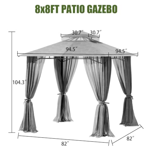 JUNKAI 8x8 Patio Gazebo with Double Roof, Mosquito Netting, Waterproof & UV Protection Outdoor Canopy Tent image 8