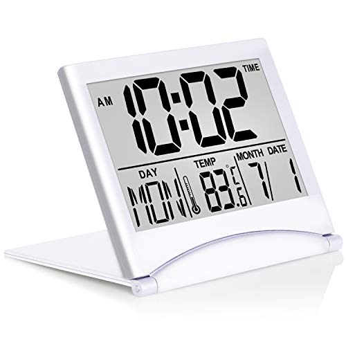 Betus Digital Travel Alarm Clock - Foldable Calendar & Temperature & Timer LCD Clock with Snooze Mode - Large Number Display, Battery Operated - Compact Desk Clock for All Ages (Silver)