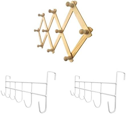 Bundle of 2 Over The Door Hook and 1 Expandable Wooden Wall Mounted Rack, Handbag Storage Holder, for Coats, Towels, Hats, Mugs Keys, Purses, Bathroom and Kids Bedroom Organizer.