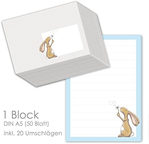 Writing pad / letter block “Hare Hamlet” DIN A5 (50 lined sheets), including 20 matching envelopes / writing paper for children / letter paper set